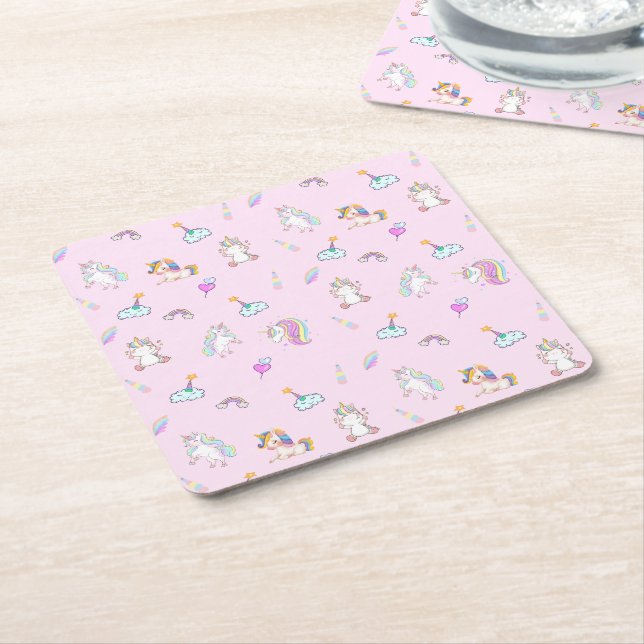 Magic Unicorn rainbow gradient 1st birthday party Square Paper Coaster (Angled)
