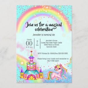 Magic unicorn rainbow sky glitter castle fantasy invitation