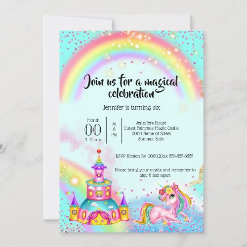 Magic unicorn rainbow sky glitter castle fantasy invitation