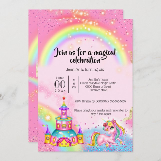 Magic unicorn rainbow sky glitter castle mythical invitation (Front/Back)