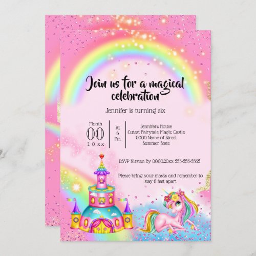 Magic unicorn rainbow sky glitter castle mythical invitation