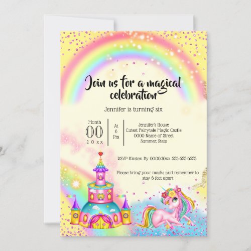 Magic unicorn rainbow sky shiny castle glitter invitation