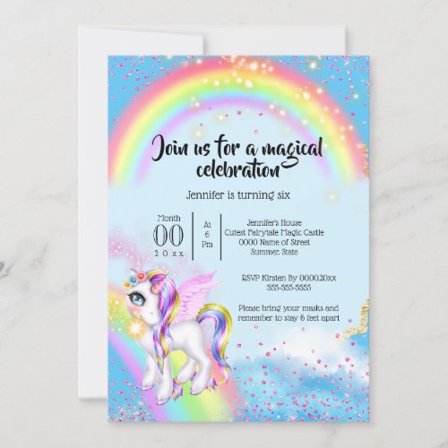 Magic unicorn rainbow sky shiny fairy dust blue invitation