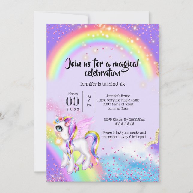 Magic unicorn rainbow sky shiny fairy dust invitation (Front)