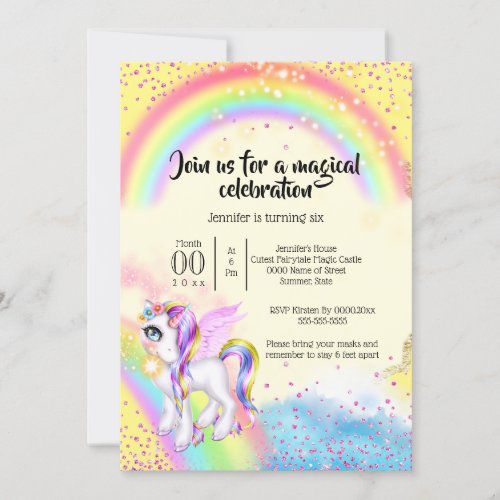 Magic unicorn rainbow sky shiny fairy yellow invitation