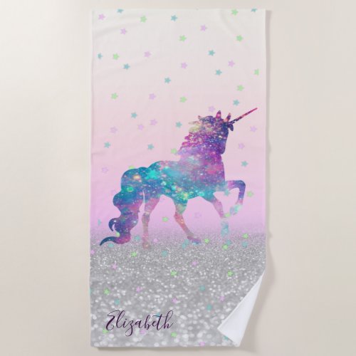 Magic Unicorn StarsSilver Glitter Bokeh Beach Towel