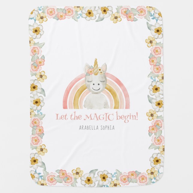 Magic Unicorn Watercolor Modern Floral Blush Gold Baby Blanket (Front)