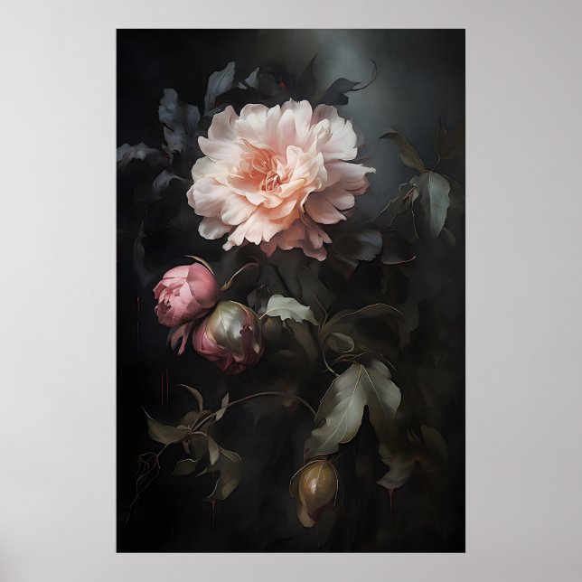 Magic vintage peonies flower print, botanical dark poster (Front)