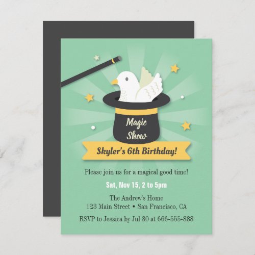 Magic Wand and Dove Magician Kids Birthday Party Invitation