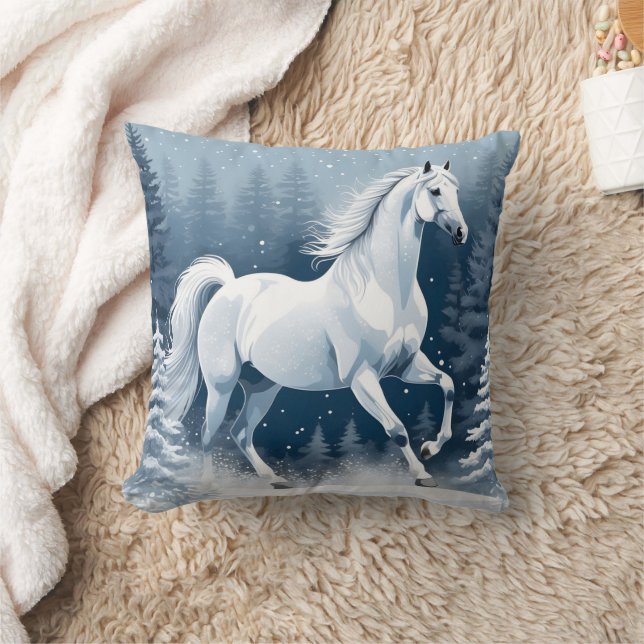 Magic White Winter Horse Throw Pillow (Blanket)