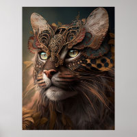 Magic wild cat with in a steampunk mask  AI art Poster