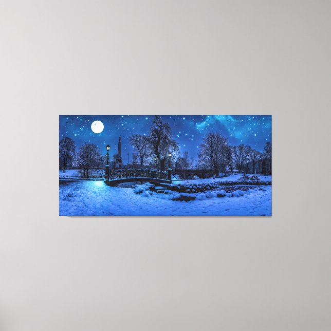 Magic winter night with starry sky and full moon canvas print (Front)