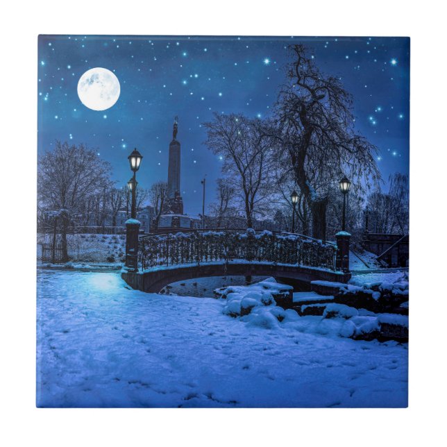 Magic winter night with starry sky and full moon ceramic tile (Front)