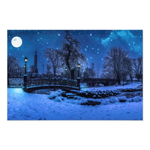 Magic winter night with starry sky and full moon photo print