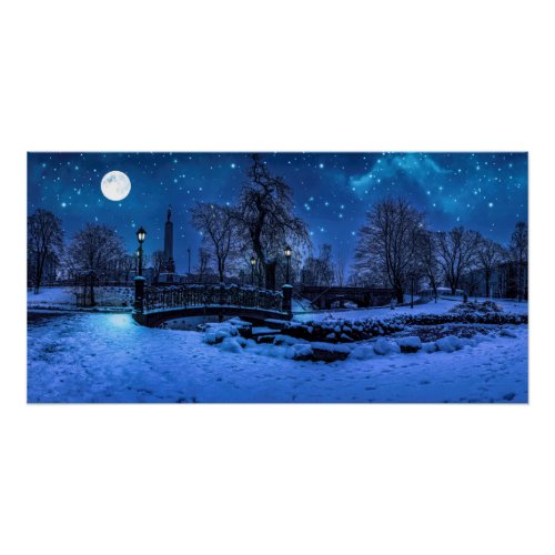 Magic winter night with starry sky and full moon poster