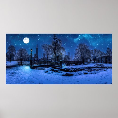 Magic winter night with starry sky and full moon poster