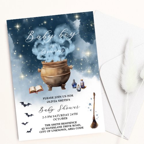 Magic Witch Caldron Baby Boy Brewing Baby Shower Invitation