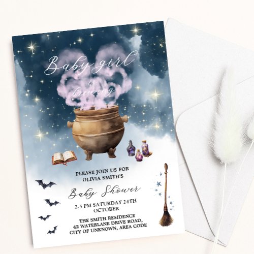 Magic Witch Caldron Baby Girl Brewing Baby Shower Invitation