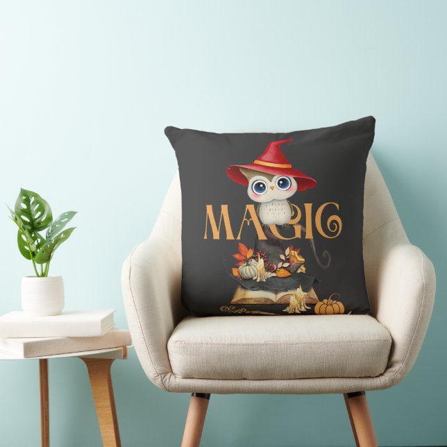 Magic Witch Owl Fall Themed Personalized Throw Pillow (Chair)