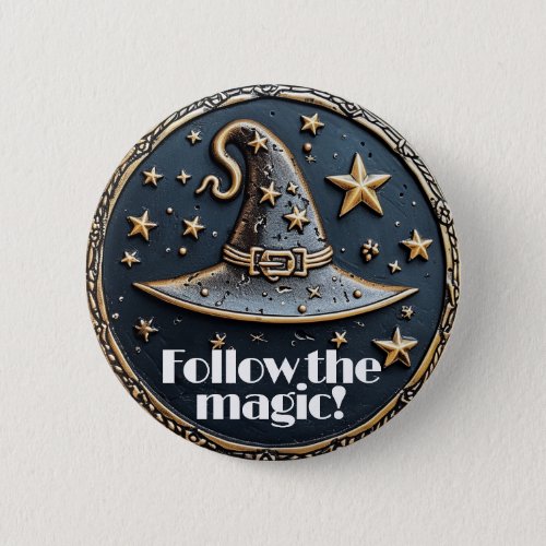 Magic witch pin pointy hat and stars in blue gold 