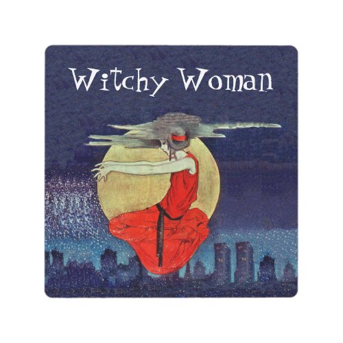 Magic Witch Woman in Sky Over City Moon Blue Metal Metal Print