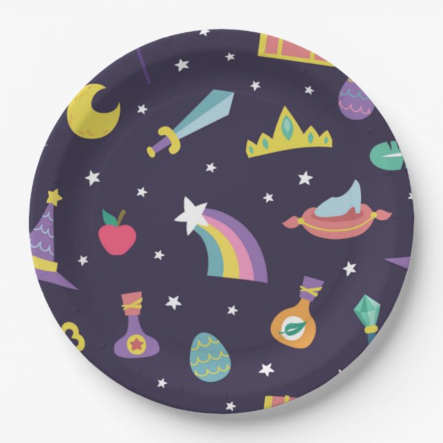 MAGIC WIZARD FAIRY TALE ELEMENTS blue background Paper Plates (Front)