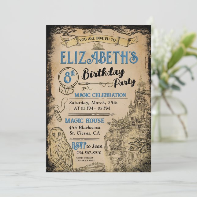 Magic Wizard Witch Blue Birthday Party Invitation (Standing Front)