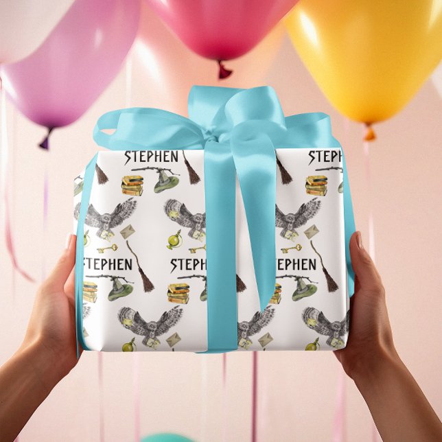 Magic Wizard Witch School Owl Personalized  Wrapping Paper (Creator Uploaded)