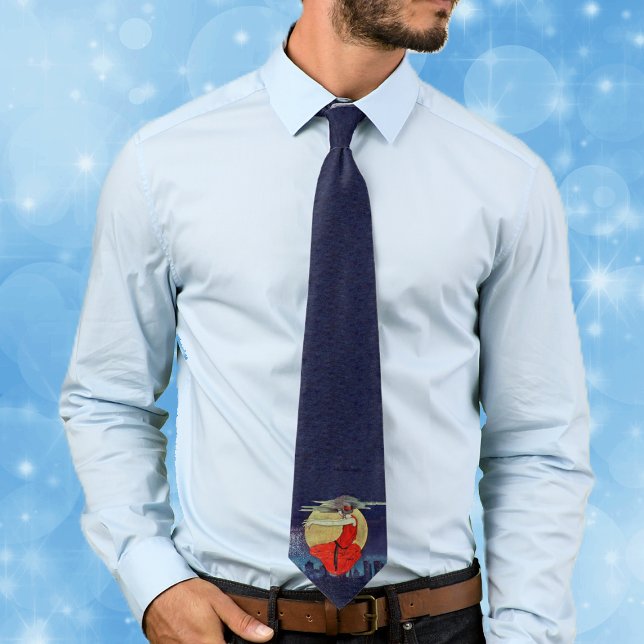 Magic Woman Floating Moon Night Sky Neck Tie (Spooky witch woman floating in clouds over city full moon on dark blue neck tie.)