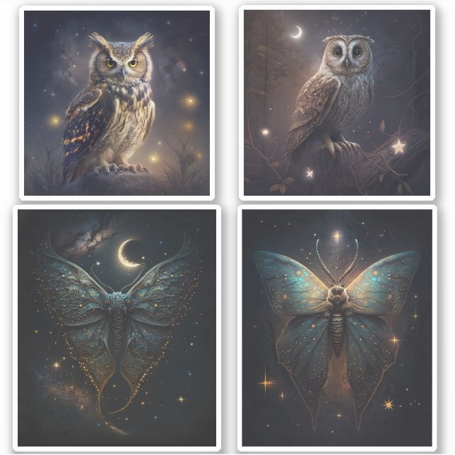 Magic woodland owl. Mystic night moth butterfly Sticker (Front)