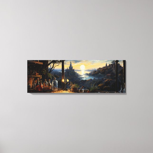 Magic Workshop Bench Overlooking a Fantasy Bay Canvas Print (Front)