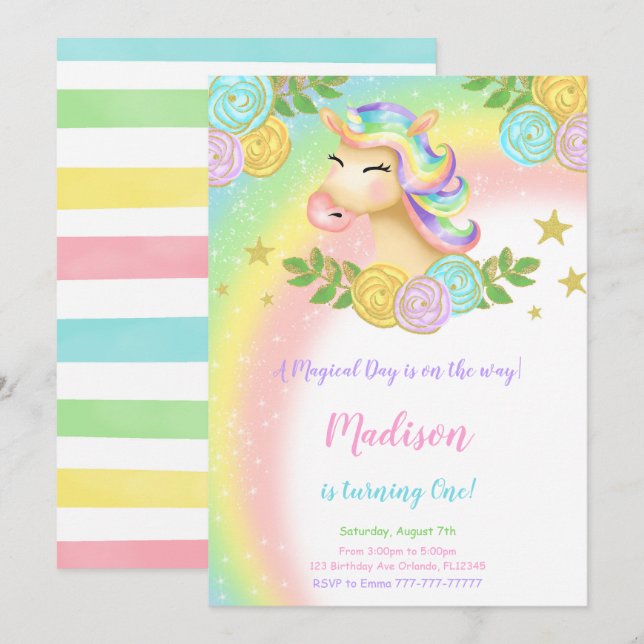 Magical 1st Unicorn Birthday Invitation (Front/Back)