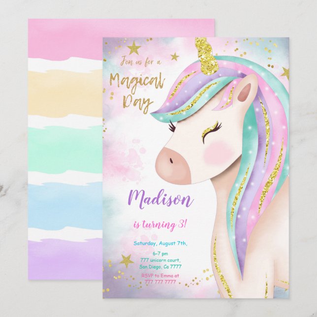 Magical 3rd Unicorn Birthday Invitation (Front/Back)