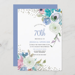 Magical 70th Birthday Party Mint Blue Flowers Invitation