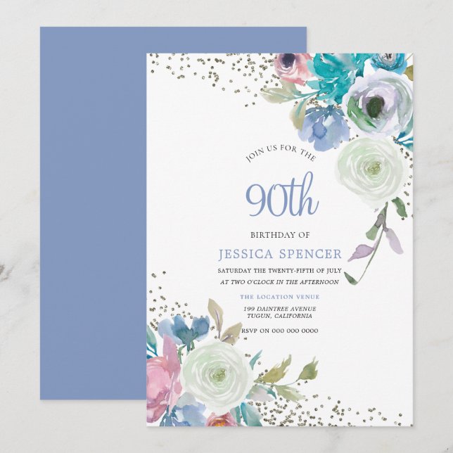 Magical 90th Birthday Party Mint Blue Flowers Invitation (Front/Back)