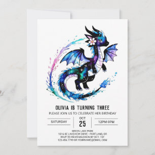 Magical Adorable Dragon Digital Girl Birthday Invitation
