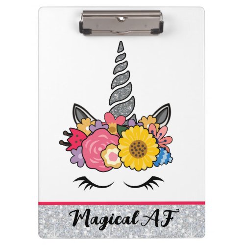 Magical AF Glitter Unicorn with Flower Crown Clipboard