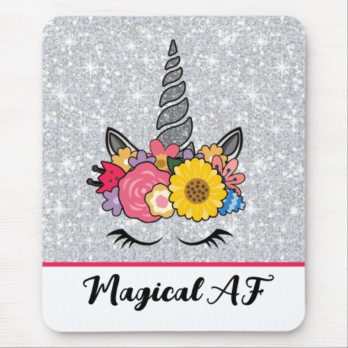 Magical AF Glitter Unicorn with Flower Crown Mouse Pad