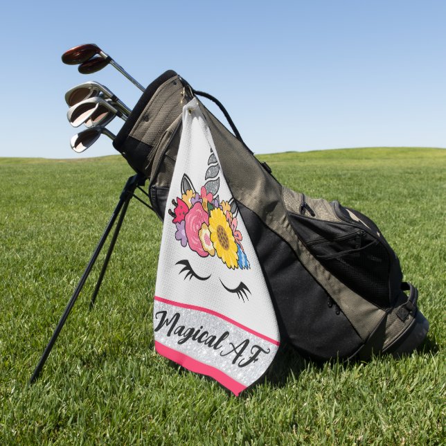 Magical AF Unicorn Silver Glitter Flower Crown Golf Towel (Green)