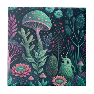 Magical Alien Mushroom Neon Forest Sci-Fi Pattern Ceramic Tile