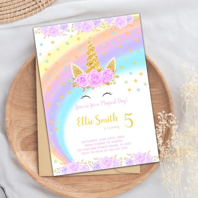 Magical and Colorful Party Invite (Floral Rainbow Unicorn Birthday Invitations)
