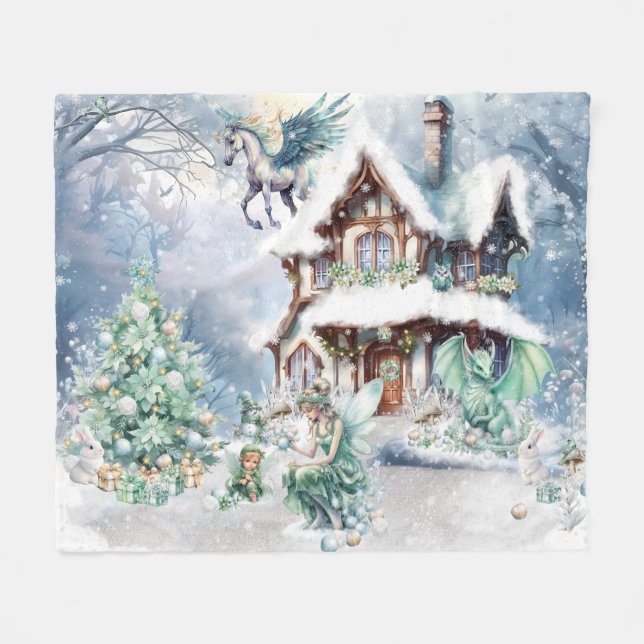 Magical and Whimsical Christmas Fairy Fleece Blanket (Front (Horizontal))