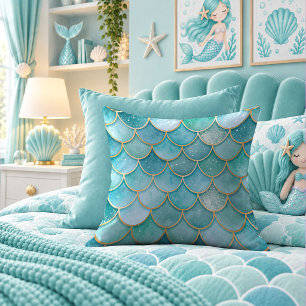 Magical Aqua Mermaid Scales Glam Throw Pillow Case