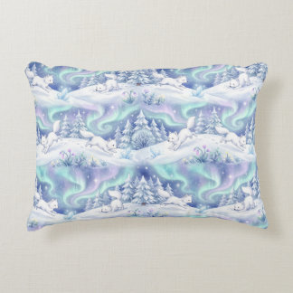 Magical Arctic Foxes & Northern Lights Winter Fore Accent Pillow