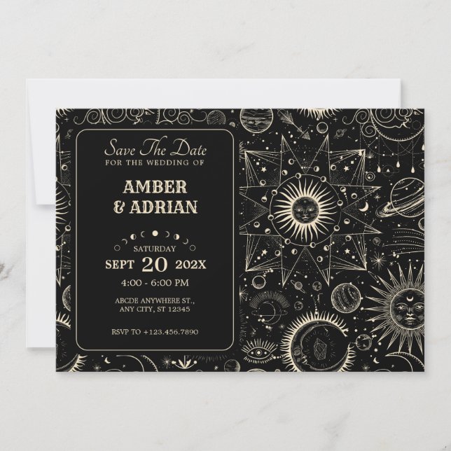 Magical astrology boho celestial wedding save the date (Front)
