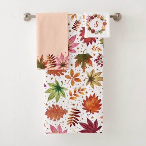 Magical Autumn Fallen Dried Leaves Monogram Bath Towel Set