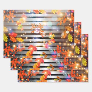 Magical Autumn Leaves On Silver And Black Stripes