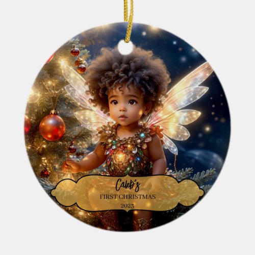 Magical Baby Boy Fairy Wings in a Christmas Tree Ceramic Ornament