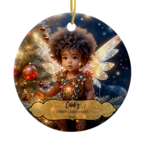 Magical Baby Boy Fairy Wings in a Christmas Tree Ceramic Ornament