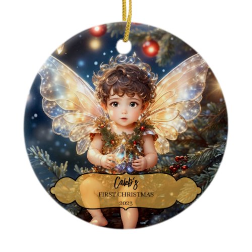 Magical Baby Boy Fairy Wings in a Christmas Tree Ceramic Ornament